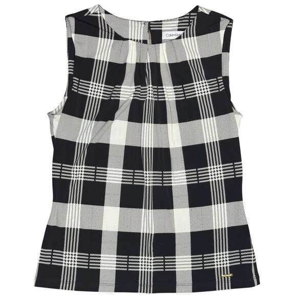 NWOT Calvin Klein S Tank Womens Sleeveless Pleated Plaid Gray black Blouse - Picture 1 of 6
